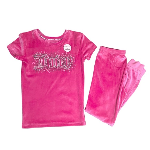 Juicy Couture Girls Pink Plush Velour Two Piece Set Shirt Leggings Size 6 Bling - Picture 1 of 9